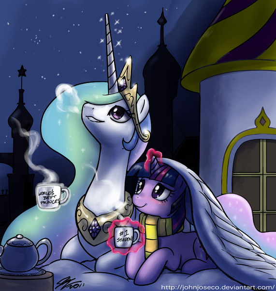 Size: 1000x1050 | Tagged: safe, artist:johnjoseco, derpibooru import, princess celestia, twilight sparkle, alicorn, pony, unicorn, blushing, clothes, female, hug, lesbian, magic, mare, momlestia, mug, night, photoshop, scarf, shipping, stargazing, stars, tea, telekinesis, twilestia, wing blanket, winghug