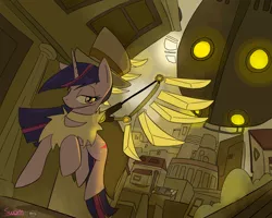 Size: 1280x1024 | Tagged: safe, artist:swomswom, derpibooru import, twilight sparkle, pony, unicorn, artificial wings, augmented, city, female, hat, lidded eyes, mare, mechanical wing, solo, steampunk, top hat, wings