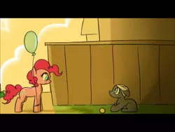 Size: 617x463 | Tagged: safe, artist:swomswom, derpibooru import, pinkie pie, oc, earth pony, pony, balloon, bandage, colt, duo, feels, female, flash, foal, looking at each other, male, mare, sad