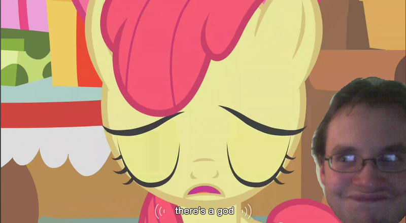 Size: 857x471 | Tagged: safe, derpibooru import, edit, edited screencap, screencap, apple bloom, earth pony, human, pony, doyen-sotiris, eyes closed, female, filly, god, human male, male, youtube caption