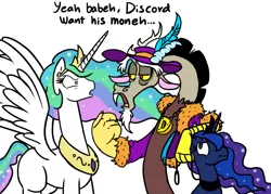 Size: 1000x714 | Tagged: safe, artist:mickeymonster, derpibooru import, discord, princess celestia, princess luna, alicorn, draconequus, pony, bling, female, hat, leash, male, mare, pimp, pimp hat, simple background, white background