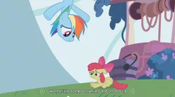 Size: 852x474 | Tagged: safe, derpibooru import, edit, edited screencap, screencap, apple bloom, rainbow dash, earth pony, pegasus, pony, call of the cutie, caption, duo, duo female, female, filly, mare, youtube caption