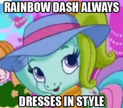 Size: 400x350 | Tagged: safe, derpibooru import, edit, edited screencap, screencap, rainbow dash (g3), pegasus, pony, artifact, clothes, female, filly, g3.5, hat, image macro, meme, rainbow dash always dresses in style, scarf