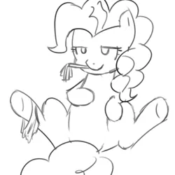 Size: 500x500 | Tagged: suggestive, artist:sirachanotsauce, derpibooru import, pinkie pie, earth pony, pony, bedroom eyes, clothes, female, lidded eyes, mare, monochrome, mouth hold, on back, panties, solo, solo female, spread legs, spreading, underwear