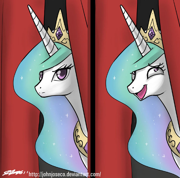 Size: 700x693 | Tagged: safe, artist:johnjoseco, derpibooru import, princess celestia, alicorn, pony, awesome face, comic, crown, curtain, faic, female, jewelry, mare, photoshop, reaction image, regalia, solo