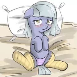 Size: 500x500 | Tagged: suggestive, artist:sirachanotsauce, derpibooru import, limestone pie, earth pony, pony, bed, belly button, blushing, clothes, female, floppy ears, mare, on back, panties, pillow, socks, solo, solo female, striped socks, striped underwear, underwear
