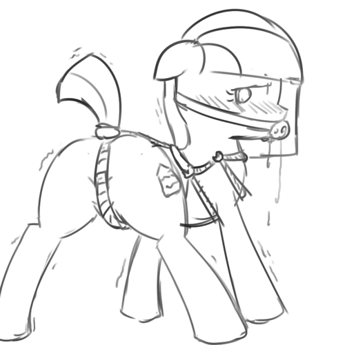 Size: 500x500 | Tagged: questionable, artist:sirachanotsauce, derpibooru import, limestone pie, earth pony, pony, ballgag, blushing, bondage, butt, crotch rope, drool, female, floppy ears, gag, mare, monochrome, plot, solo, solo female, trembling