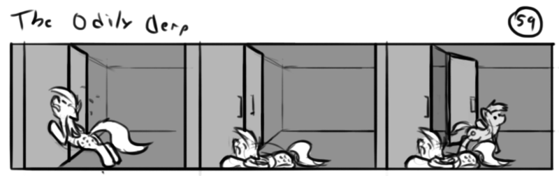 Size: 802x253 | Tagged: safe, artist:tetrapony, derpibooru import, derpy hooves, pegasus, pony, comic:the daily derp, comic, door, duo, female, mare, monochrome, the odily derp, tired