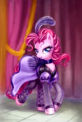 Size: 800x1200 | Tagged: safe, artist:kp-shadowsquirrel, derpibooru import, pinkie pie, earth pony, pony, over a barrel, beautiful, burlesque, can-can, clothes, costume, dress, female, fishnets, mare, saloon dress, saloon pinkie, solo, this will end in war, wild west
