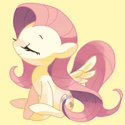 Size: 500x500 | Tagged: safe, artist:mutagorou0w0, derpibooru import, fluttershy, pegasus, pony, cute, eyes closed, female, mare, shyabetes, simple background, sitting, smiling, solo, yellow background