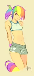 Size: 289x650 | Tagged: artist:doxy, breasts, delicious flat chest, derpibooru import, female, human, humanized, leg warmers, light skin, ponytail, rainbow dash, safe, simple background, skinny, solo, sweatband