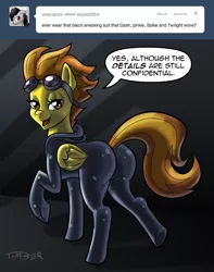 Size: 786x1000 | Tagged: suggestive, artist:pluckyninja, derpibooru import, spitfire, pegasus, pony, tumblr:sexy spitfire, bedroom eyes, catsuit, clothes, female, goggles, jumpsuit, mare, plot, skinsuit, solo, solo female, stupid sexy spitfire