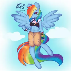 Size: 1024x1024 | Tagged: anthro, artist:yuuri, belly button, derpibooru import, female, flying, hair over one eye, midriff, rainbow dash, safe, sky, solo, unguligrade anthro