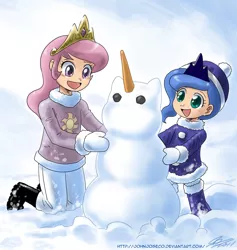 Size: 1000x1054 | Tagged: artist:johnjoseco, cute, cutelestia, derpibooru import, duo, duo female, female, happy, human, humanized, lunabetes, mittens, pink-mane celestia, princess celestia, princess luna, safe, smiling, snow, snowman, woona, younger