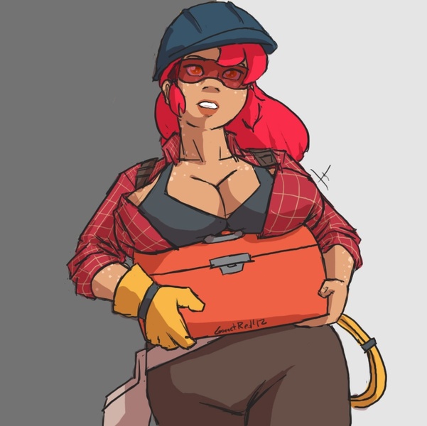 Size: 860x859 | Tagged: apple bloom, artist:moronsonofboron, big breasts, breasts, busty apple bloom, crossover, derpibooru import, engie bloom, engineer, female, huge breasts, human, humanized, older, safe, solo, team fortress 2, toolbox