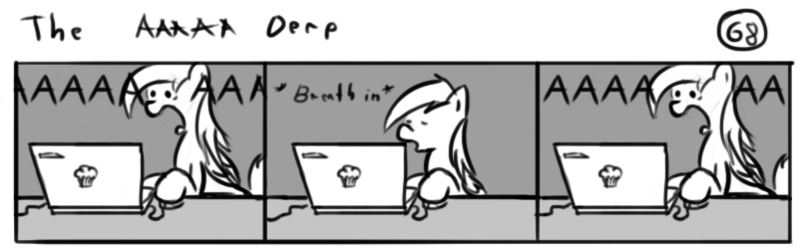 Size: 802x253 | Tagged: safe, artist:tetrapony, derpibooru import, derpy hooves, pegasus, pony, comic:the daily derp, comic, computer, female, laptop computer, mare, monochrome, screaming, solo, the aaaaa derp