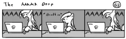 Size: 802x253 | Tagged: safe, artist:tetrapony, derpibooru import, derpy hooves, pegasus, pony, comic:the daily derp, comic, computer, female, laptop computer, mare, monochrome, screaming, solo, the aaaaa derp