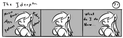 Size: 802x253 | Tagged: safe, artist:tetrapony, derpibooru import, derpy hooves, pegasus, pony, comic:the daily derp, comic, female, iphone, mare, monochrome, solo, the iderp(tm)