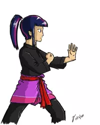 Size: 656x824 | Tagged: artist:netcyber, clothes, derpibooru import, female, human, humanized, martial arts, my little asskicker, red belt, robe, safe, sarong, serious, serious face, silat, simple background, solo, trousers, twilight sparkle, white background