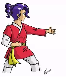 Size: 660x770 | Tagged: artist:netcyber, clothes, derpibooru import, female, human, humanized, martial artist rarity, martial arts, my little asskicker, rarity, robe, safe, simple background, solo, taekkyeon, trousers, white background, yellow belt