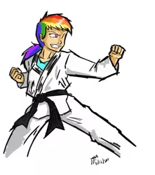 Size: 707x801 | Tagged: artist:netcyber, black belt, clothes, derpibooru import, female, fighting stance, gi, grin, human, humanized, karate, martial arts, my little asskicker, rainbow dash, robe, safe, simple background, smirk, solo, trousers, white background