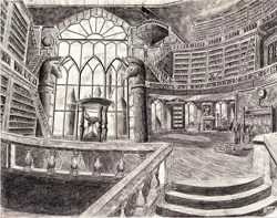 Size: 4180x3300 | Tagged: artist:josh-5410, background, canterlot, canterlot library, derpibooru import, grayscale, library, monochrome, no pony, pencil drawing, safe, scenery, sketch, traditional art