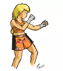 Size: 672x754 | Tagged: 2010s, 2011, applejack, artist:netcyber, bandage, blonde hair, bra, clothes, derpibooru import, determined, exercise, female, green eyes, hatless, human, humanized, kickboxing, martial arts, missing accessory, muay thai, my little asskicker, safe, serious, shorts, simple background, solo, sports bra, sports shorts, tanktop, tomboy, white background, workout