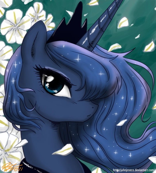 Size: 1000x1104 | Tagged: safe, artist:johnjoseco, derpibooru import, princess luna, alicorn, pony, bust, female, flower, looking at you, manga style, mare, photoshop, portrait, pretty, profile, solo