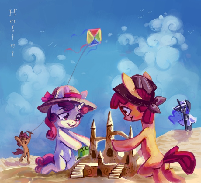 Size: 4023x3650 | Tagged: safe, artist:holivi, derpibooru import, apple bloom, princess luna, scootaloo, sweetie belle, alicorn, earth pony, pegasus, pony, unicorn, beach, cutie mark crusaders, female, filly, hat, kite, mare, sand castle, sandcastle, smiling