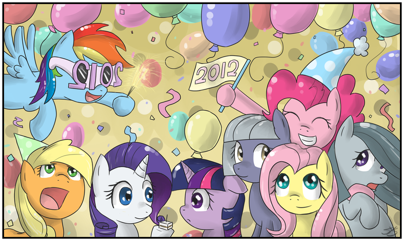 Size: 900x537 | Tagged: safe, artist:speccysy, derpibooru import, applejack, fluttershy, limestone pie, marble pie, pinkie pie, rainbow dash, rarity, twilight sparkle, earth pony, pegasus, pony, unicorn, 2012, balloon, female, glasses, happy new year, mane six, mare, pie sisters