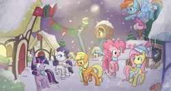 Size: 900x478 | Tagged: safe, artist:speccysy, derpibooru import, applejack, fluttershy, pinkie pie, rainbow dash, rarity, twilight sparkle, earth pony, pegasus, pony, unicorn, boots, clothes, female, hat, hearth's warming eve, mane six, mare, ponyville, saddle, scarf, snow, snowball, snowfall, winter