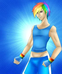 Size: 500x591 | Tagged: abstract background, artist:animecreator, ask a bishonen pony, clothes, derpibooru import, fingerless gloves, gloves, human, humanized, male, rainbow blitz, rainbow dash, rule 63, safe, solo, wristband