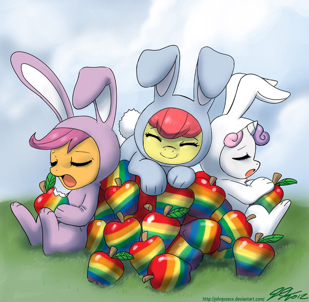 Size: 900x881 | Tagged: safe, artist:johnjoseco, derpibooru import, apple bloom, scootaloo, sweetie belle, earth pony, pegasus, pony, unicorn, adorabloom, apple, bunny belle, bunny bloom, bunny costume, bunnyloo, clothes, costume, cute, cutealoo, cutie mark crusaders, diasweetes, eyes closed, female, filly, trio, zap apple