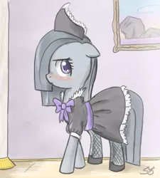 Size: 900x1000 | Tagged: safe, artist:speccysy, derpibooru import, marble pie, earth pony, pony, blushing, clothes, cute, dress, female, fishnets, floppy ears, looking at you, made in japan 2012, maid, marblebetes, mare, pantyhose, shoes, shy, solo, unamused