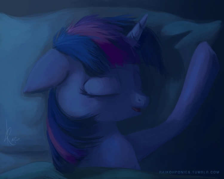 Size: 1280x1024 | Tagged: safe, artist:raikoh, derpibooru import, twilight sparkle, pony, unicorn, bed, female, floppy ears, mare, night, pillow, sleeping, solo