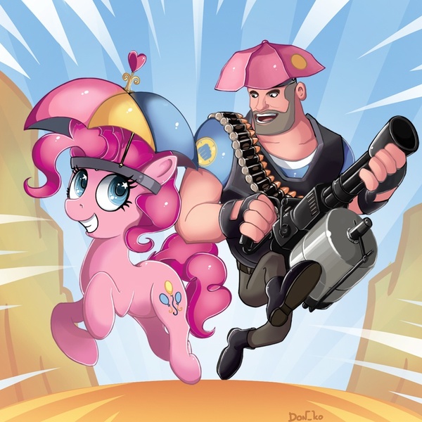 Size: 800x800 | Tagged: safe, artist:don-ko, derpibooru import, pinkie pie, earth pony, human, pony, crossover, duo, female, gun, hat, heavy, mare, running, smiling, team fortress 2, umbrella, umbrella hat, weapon