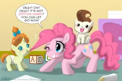 Size: 1100x729 | Tagged: safe, artist:johnjoseco, derpibooru import, pinkie pie, pound cake, pumpkin cake, earth pony, pegasus, pony, unicorn, baby, baby pony, biting, cake twins, cotton candy, cube, diaper, female, foal, food, hair bite, mare, mouth hold, photoshop, ponies riding ponies, siblings, trio, twins