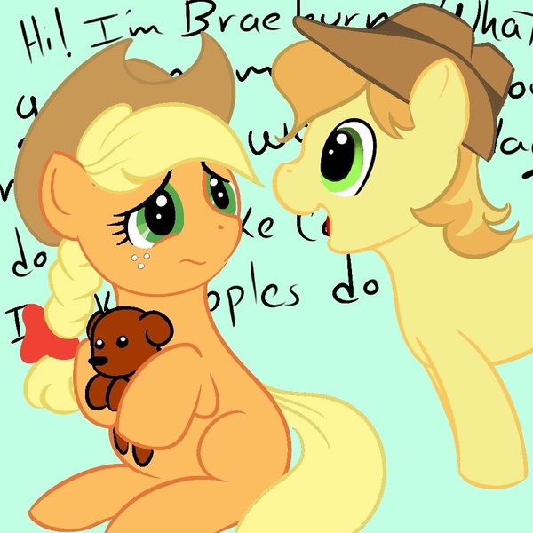 Size: 1000x1000 | Tagged: safe, artist:kloudmutt, derpibooru import, applejack, braeburn, winona, earth pony, pony, colt, female, filly, foal, male, nervous, puppy, sitting, text, younger