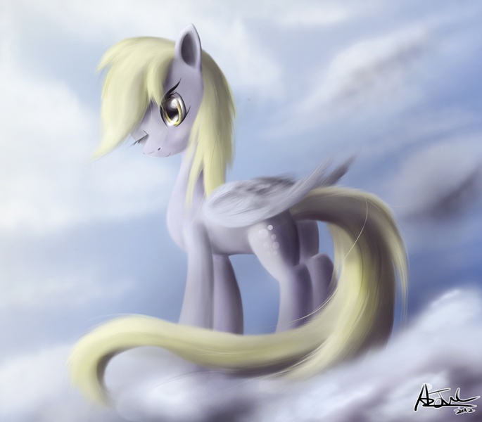 Size: 2500x2190 | Tagged: safe, artist:ajvl, derpibooru import, derpy hooves, pegasus, pony, cloud, cloudy, epic derpy, female, high res, mare, solo, wink