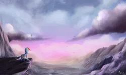 Size: 2500x1500 | Tagged: safe, artist:ajvl, derpibooru import, rainbow dash, bird, pegasus, pony, cliff, cloud, female, mare, mountain, scenery, sky, solo, valley, windswept mane