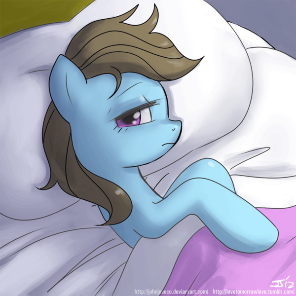 Size: 900x900 | Tagged: safe, artist:johnjoseco, derpibooru import, beauty brass, earth pony, pony, adobe imageready, bed, female, mare, morning ponies, side, solo