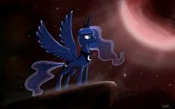 Size: 1280x800 | Tagged: safe, artist:ajvl, derpibooru import, princess luna, alicorn, pony, cliff, female, mare, moon, night, solo, spread wings, wings