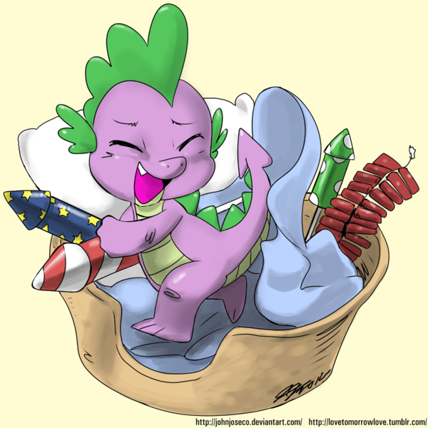 Size: 900x900 | Tagged: safe, artist:johnjoseco, derpibooru import, spike, dragon, adobe imageready, basket, blanket, cute, eyes closed, fireworks, male, pillow, simple background, solo, spikabetes