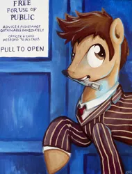 Size: 600x789 | Tagged: safe, artist:milesofcrochet, derpibooru import, doctor whooves, time turner, earth pony, pony, clothes, doctor who, male, mouth hold, solo, sonic screwdriver, stallion, suit, tardis, tenth doctor