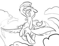 Size: 1150x894 | Tagged: safe, artist:briskby, derpibooru import, applejack, rainbow dash, earth pony, pegasus, pony, butt touch, diving, dr. strangelove, duo, duo female, eyes closed, female, flying, hoof on butt, mare, monochrome, parody, plot, ponies riding ponies, riding, yeehaw