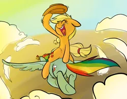 Size: 1150x894 | Tagged: safe, artist:briskby, derpibooru import, applejack, rainbow dash, earth pony, pegasus, pony, applejack riding rainbow dash, applejack's hat, butt, butt touch, cloud, cowboy hat, diving, dr. strangelove, duo, duo female, female, flying, hat, hoof on butt, image, mare, parody, plot, png, ponies riding ponies, riding, spread wings, this will end in explosions, wings, yeehaw