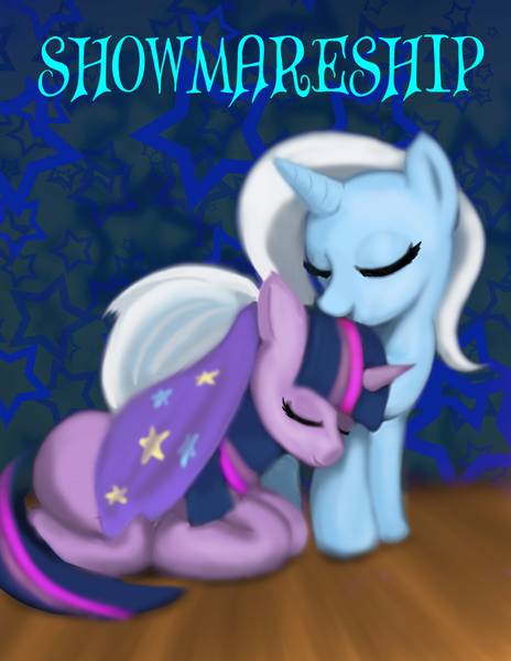 Size: 900x1165 | Tagged: safe, artist:gunslingerpen, derpibooru import, trixie, twilight sparkle, pony, unicorn, comic:showmareship, blue text, comic, cover art, eyes closed, female, lesbian, mare, shipping, twixie, unicorn twilight