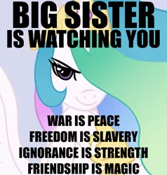 Size: 900x945 | Tagged: safe, derpibooru import, princess celestia, alicorn, pony, 1984, big brother is watching, caption, female, hair over one eye, image macro, looking at you, mare, propaganda, smiling, solo, tyrant celestia