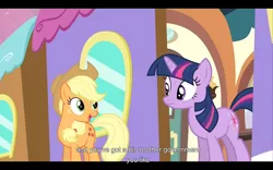 Size: 960x600 | Tagged: safe, derpibooru import, screencap, applejack, twilight sparkle, earth pony, pony, unicorn, 1984, duo, duo female, female, mare, train, youtube caption