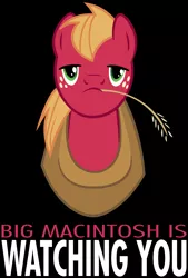 Size: 2025x3000 | Tagged: safe, artist:atomicgreymon, derpibooru import, big macintosh, earth pony, pony, 1984, black background, bust, high res, looking at you, male, propaganda, simple background, solo, stallion, straw in mouth